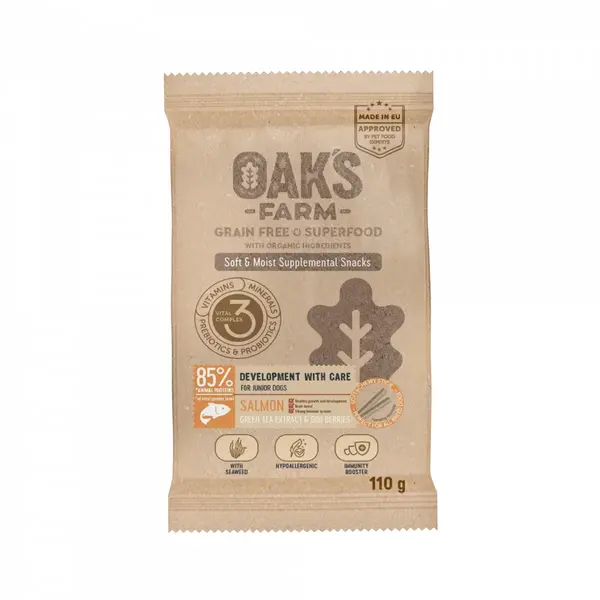 OAK'S FARM Development with Care, Somon, punguță recompense funcționale fără cereale câini junior, 110g