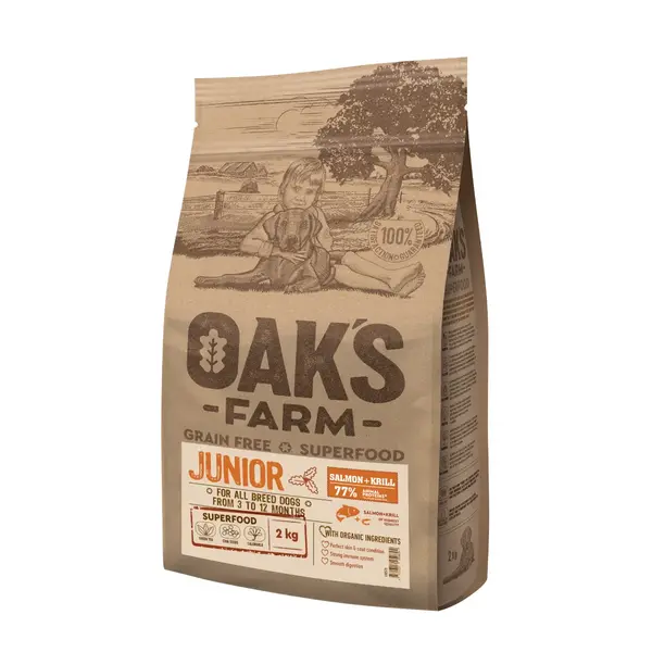 OAK'S FARM Junior, XS-XL, Somon, hrană uscată fără cereale câini junior, 2kg