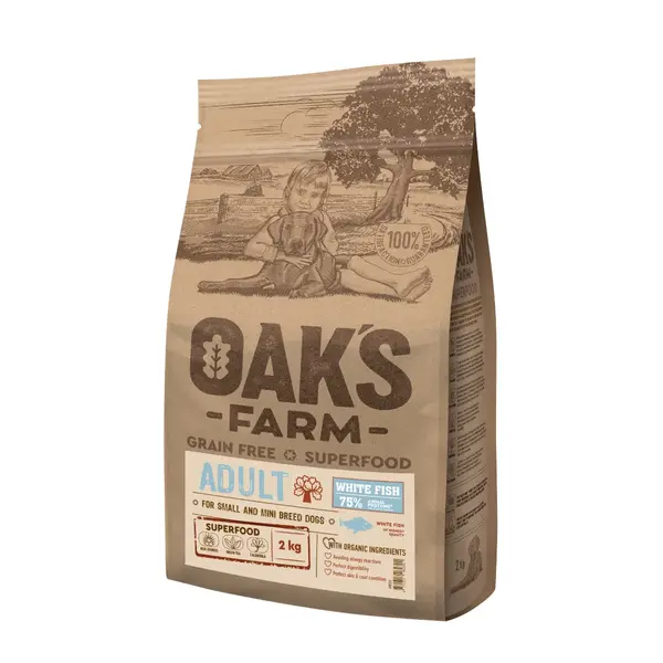 OAK'S FARM Mini Adult, XS-S, Pește alb, hrană uscată fără cereale câini, 2kg