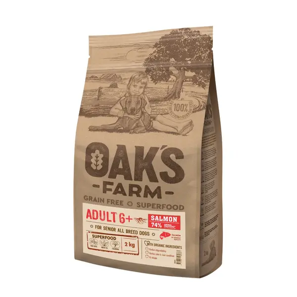 OAK'S FARM Senior 6+, XS-XL, Somon, hrană uscată fără cereale câini senior, 6.5kg
