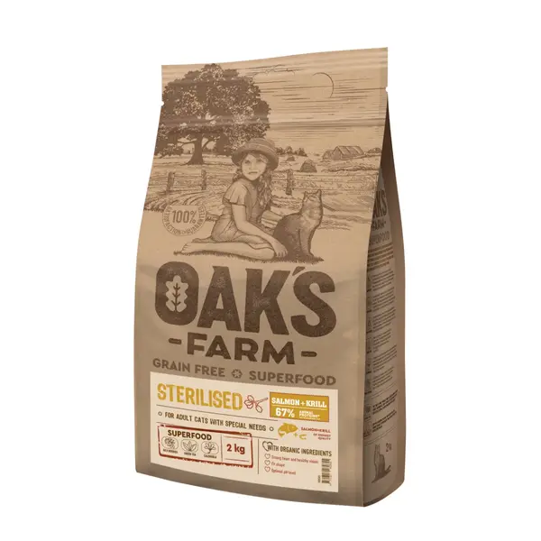 OAK'S FARM Sterilised, Somon, hrană uscată fără cereale pisici sterilizate, obezitate, 6kg