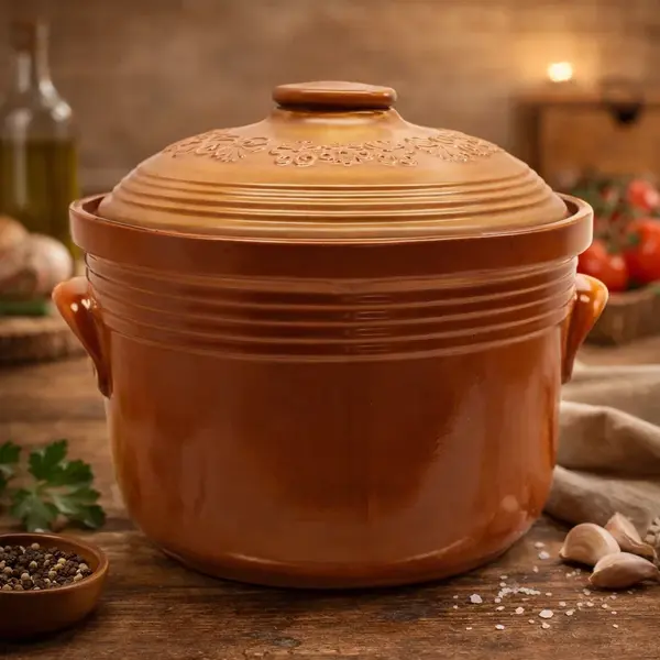 Oala Ceramica pentru Sarmale si Fripturi, Glazurata, Rotunda, 8 Litri Maro