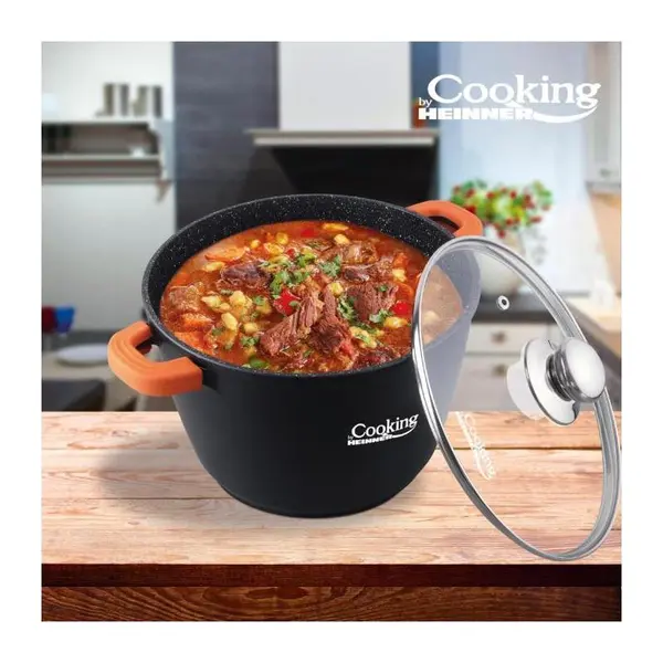 Oala Cooking by Heinner Dark Line, Diametru 28 cm, Volum 10 l, Aluminiu turnat, Capac