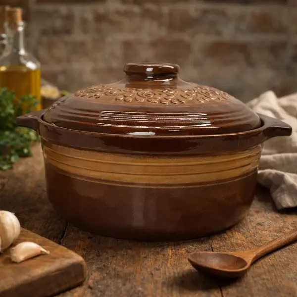 Oala pentru sarmale si friptura glazurata din ceramica, 4 litri Castaniu