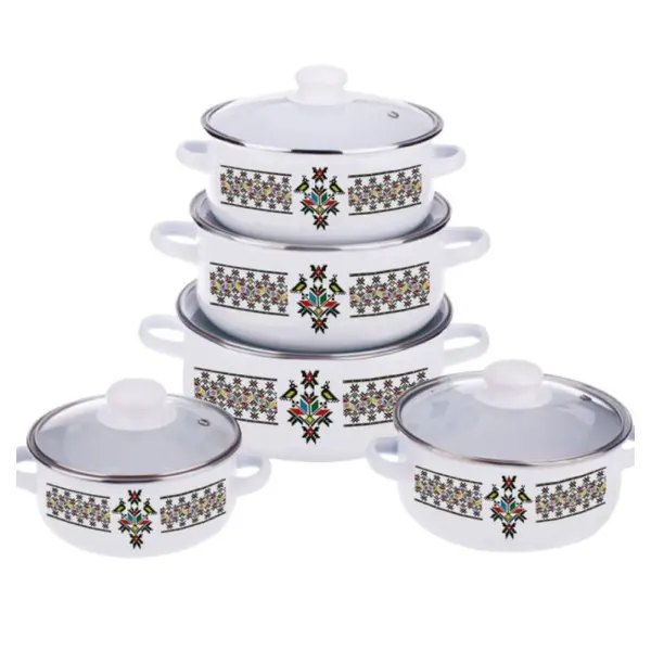 Oale Emailate cu Capace din Sticla, 16 cm/18 cm/20 cm/22 cm/24 cm, 5 Bucati