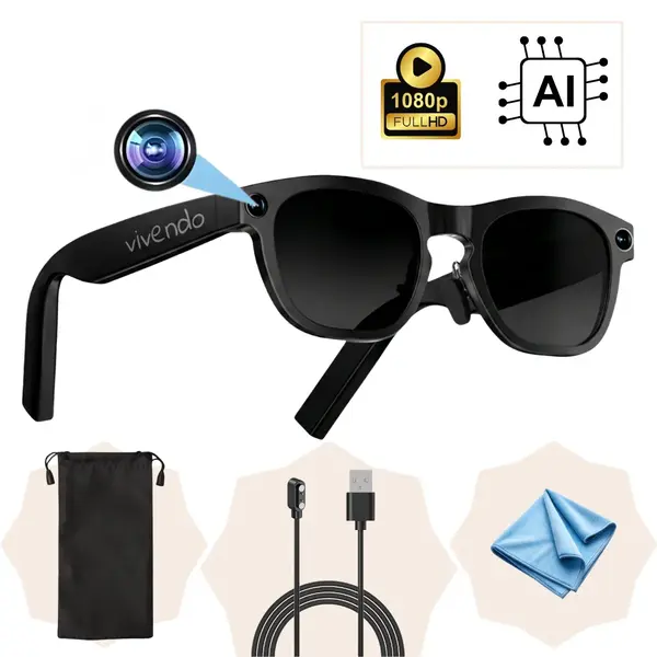 Ochelari Smart VIVENDO SMART GLASSES, Camera 1080P Full HD, AI Integrat, Apeluri Bluetooth, Control Tactil, Streaming Muzica, Wi-Fi 2.4G, Microfoane Duale, Negru