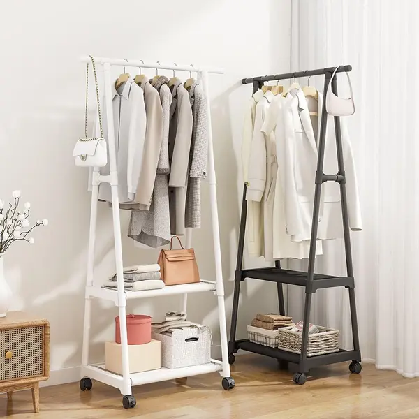 Oferta 1+1. Suport triunghi pentru haine si umerase cu 2 rafturi, Alb