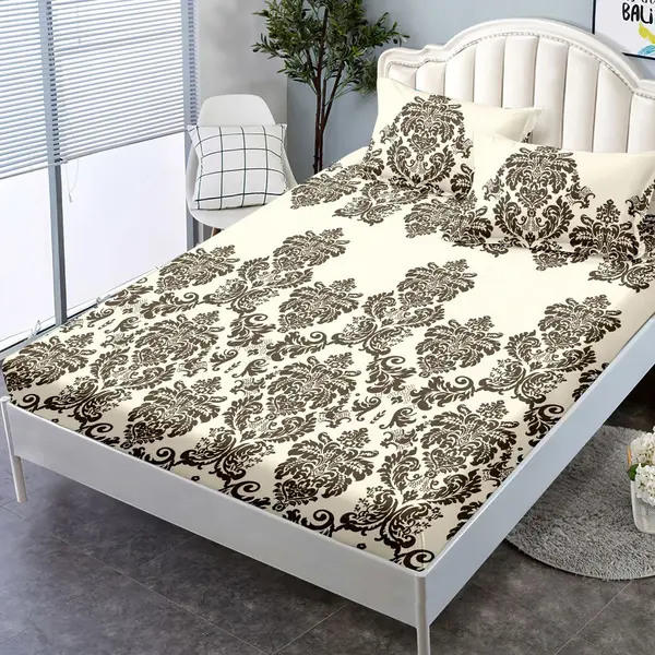 (OFERTA 3 la 159 Lei) Cearsaf cu elastic, FINET, 180x200cm, 2 fete de perne 50x70cm, Bej, model oriental