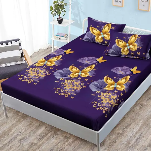 (OFERTA 3 la 159 Lei) Cearsaf cu elastic, FINET, 180x200cm, 2 fete de perne 50x70cm, Mov, fluturi