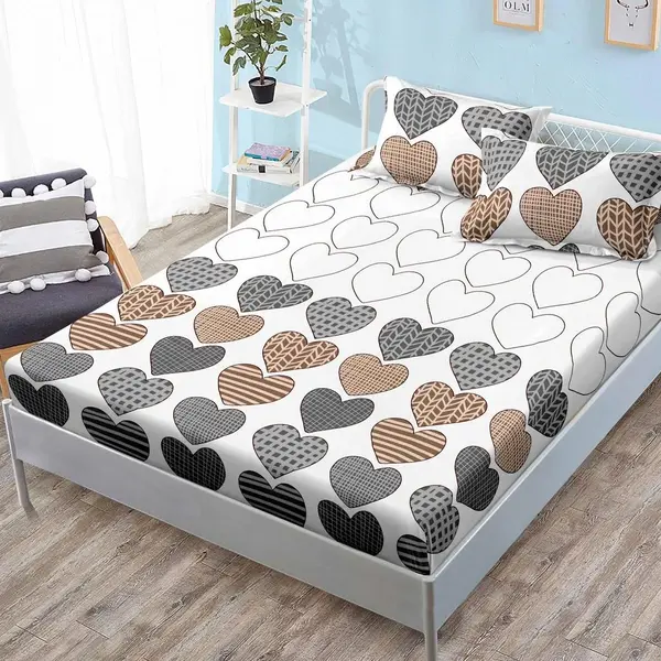 (OFERTA 3 la 159 Lei) Cearsaf cu elastic, FINET, 180x200cm, 2 fete de perne 50x70cm, Gri, inimioare