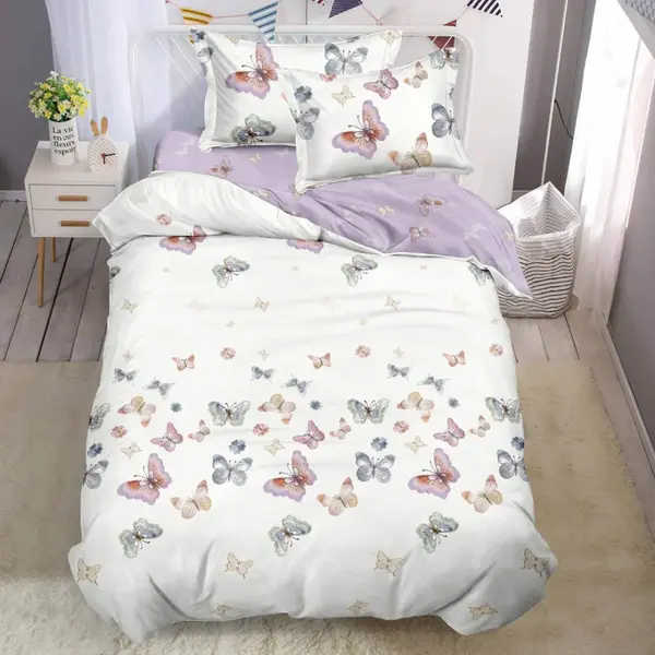 (OFERTA TRIO) Lenjerie pat 1 PERSOANA, FINET, 4 piese, cu ELASTIC, Lila, fluturi