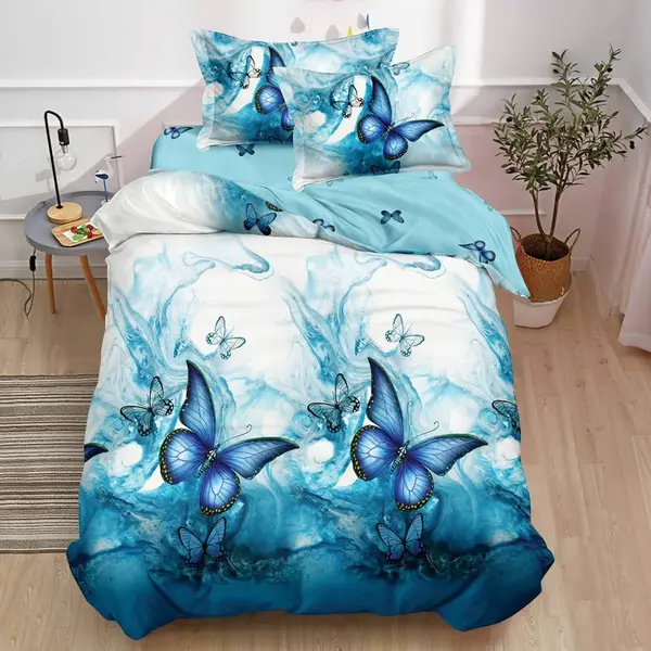 (OFERTA TRIO) Lenjerie pat 1 PERSOANA, FINET, 4 piese, cu ELASTIC, Albastru, fluturi