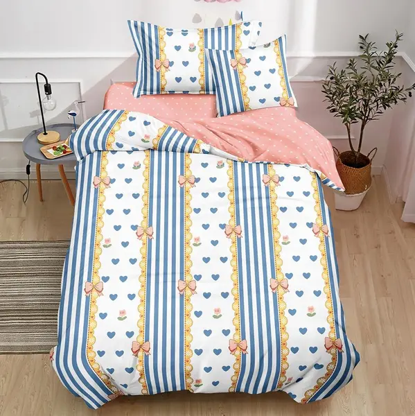 (OFERTA TRIO) Lenjerie pat 1 PERSOANA, FINET, 4 piese, cu ELASTIC, Bleu, inimioare, fundite