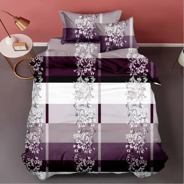 (OFERTA TRIO) Lenjerie pat 1 PERSOANA, FINET, 4 piese, cu ELASTIC, Mov, model floral