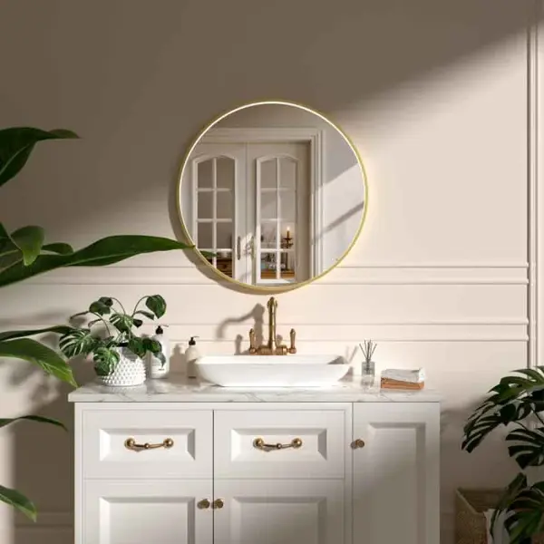 Oglinda baie 70 cm cu dezaburire, ceas si iluminare perimetrala, rama aurie, Fluminia Aster
