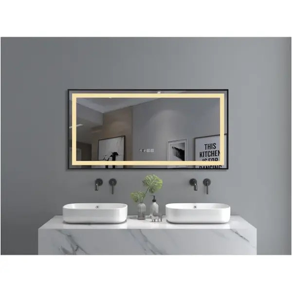 Oglinda baie cu iluminare LED 3 culori, intrerupator Touch, ceas, functie dezaburire, 120x60 cm, rama aluminiu neagra, Belform Infinity