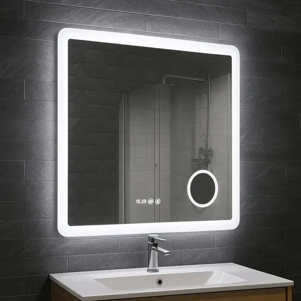 Oglinda cu iluminare LED, functie dezaburire, ceas, termometru si lupa, MD5, 80x80 cm