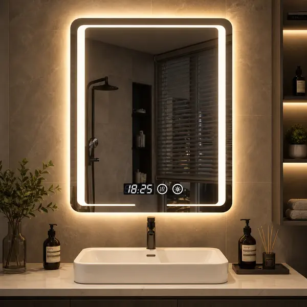 Oglinda led premium 80x60, cu touch, ceas, dezaburire si lumina reglabila
