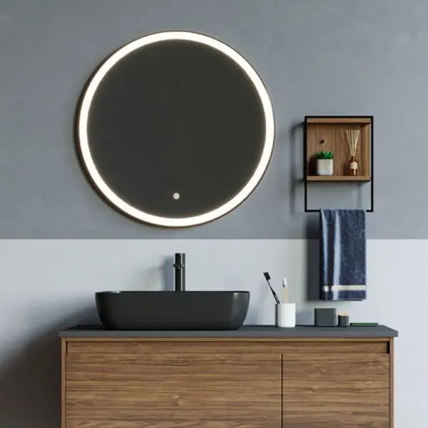 Oglinda rotunda 90 cm cu rama neagra, iluminare LED si dezaburire, Fluminia, Ando