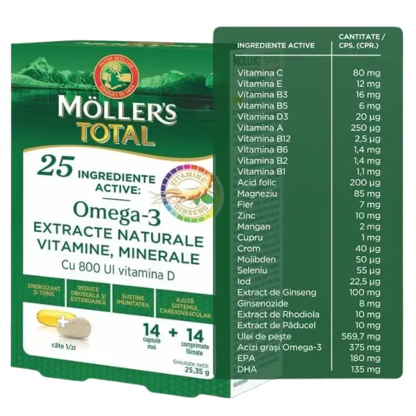 Omega 3 Total cu vitamine si minerale, Mollers | 14 capsule moi + 14 comprimate