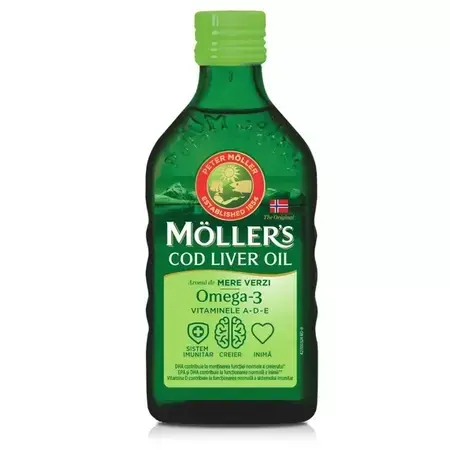Omega 3 Ulei din ficat de cod cu aroma de mere verzi, 250 ml, Mollers