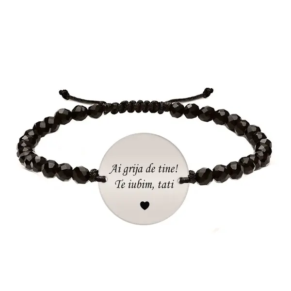 Onixiada - Bratara personalizata pentru tata cu onix fatetat, snur impletit si banut din argint 925