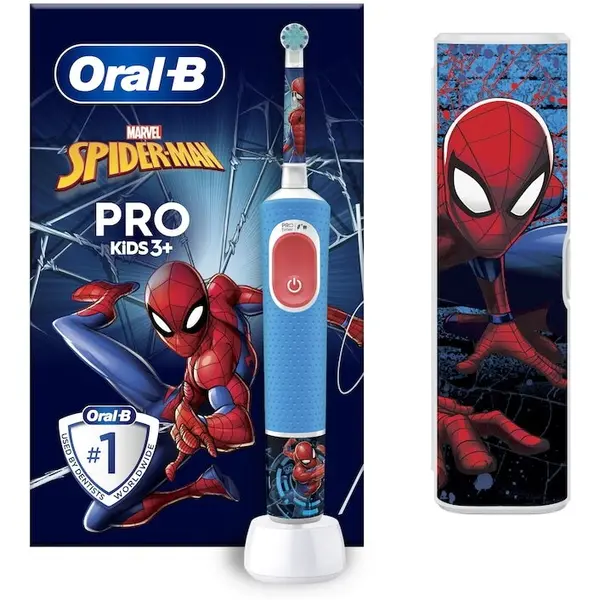 Oral-b Periuta de dinti electrica Oral-B Pro Kids Spiderman pentru copii, Curatare 2D, 2 programe, 1 capat, 4 autocolante, trusa de calatorie, Albastru