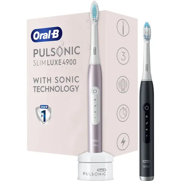 Oral-b Set 2x Oral-B Pulsonic Slim Luxe 4900 DuoPack, tehnologie de sunet moale, miscare cu vibratii de 31 la suta, 3 moduri de periere, cronometru, aur roz si negru mat