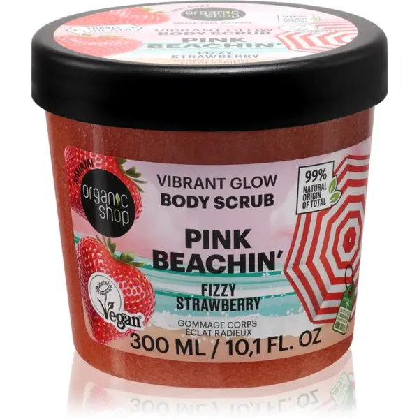 Organic Shop Body Scrub Pink Beachin' exfoliant pentru corp cu efect de iluminare parfum Fizzy Strawberry 300 ml