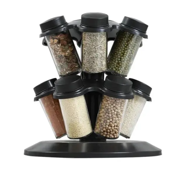 Organizator de condimente cu 12 borcane design rotativ ideal pentru bucatarie Plastic Negru