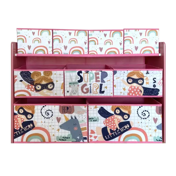 Organizator din lemn pentru copii Ginger Home Super Girl pentru jucarii cu 9 cutii textile detasabile,colturi si margini rotunjite,dimensiune 92x30x60 cm