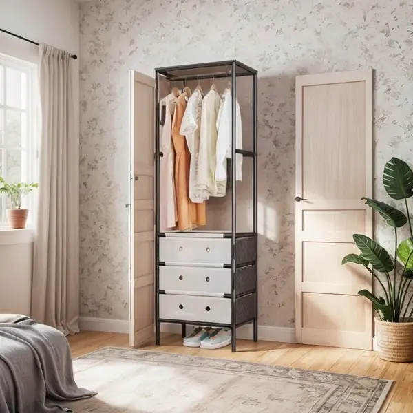 Organizator haine cu 3 sertare si bara umerase 41x41x188 cm, Negru