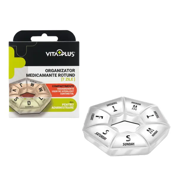Organizator medicamente rotund VitaPlus, cu 7 compartimente, design compact si portabil