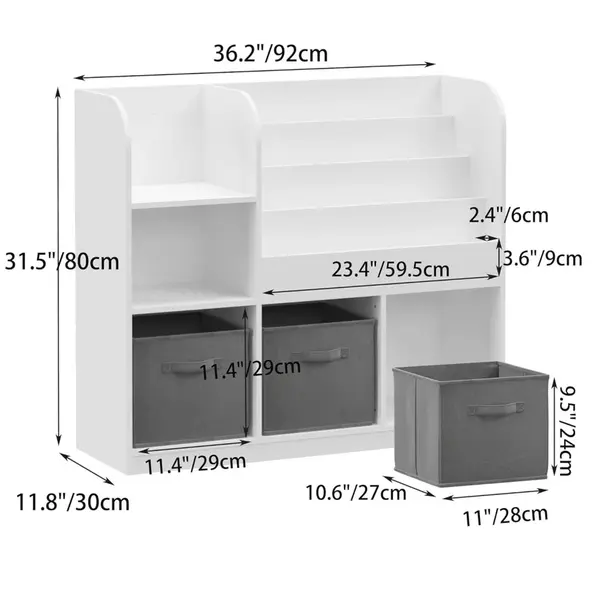 Organizator pentru jucarii si carti Ginger Home Montessori Alb cu 3 cutii,4 rafturi carti si 2 polite,realizat din mdf,dimensiune 92x30x80 cm
