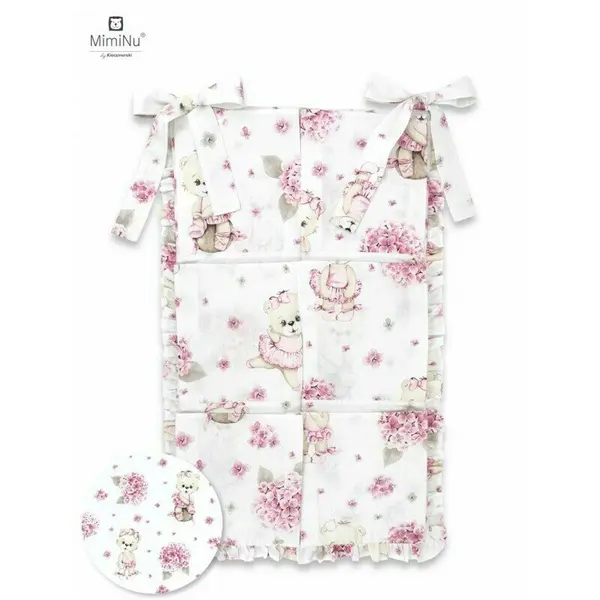 Organizator pentru patut, MimiNu, Din bumbac certificat Oeko Tex Standard 100, Cu 6 compartimente, Doua panglici, 70x40 cm, Cu volanase, Design, Pink Ballerina