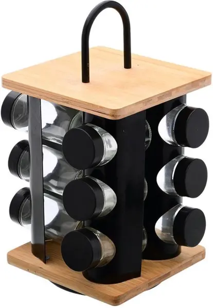 Organizator rotativ pentru condimente Estia - Bamboo Essentials, 12 piese, negru
