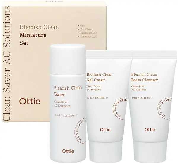 Ottie Blemish Clean Set - Spumă de curățare, Toner și Gel-cremă, 3 x 30 ml