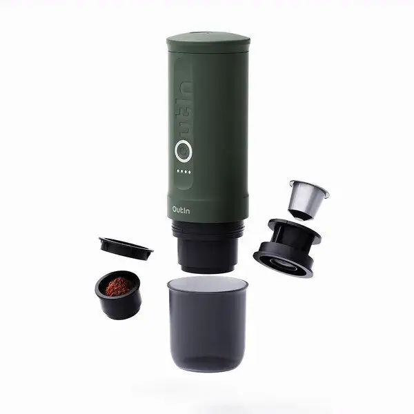 OutIn Espressor portabil Outin Nano, 25x9cm, acumulator 7500mAh, 20 bari, pentru cafea macinata si capsule, Verde padure
