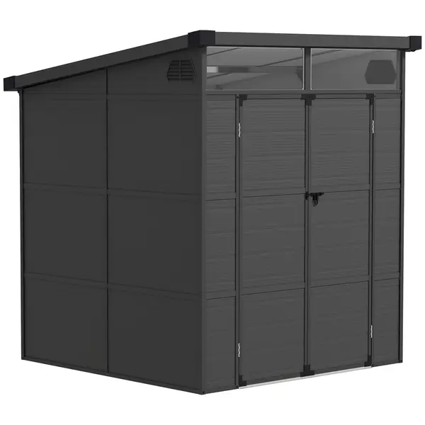 Outsunny 1,9 x 1,9 m Magazie de grădină, magazie pentru scule din plastic, uși care pot fi încuiate, 2 orificii de ventilație, Gri închis | Aosom Romania