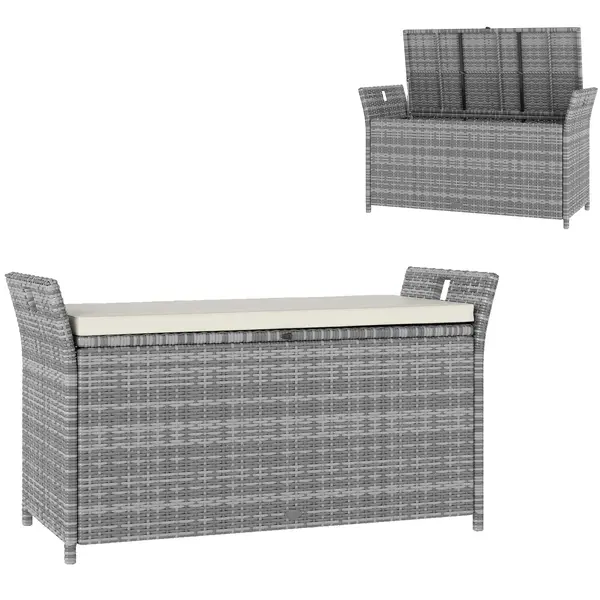Outsunny Bancă cutie de depozitare exterioară din rășină țesută 250L cu pernă detașabilă, pentru grădină, balcon, crem | Aosom Romania