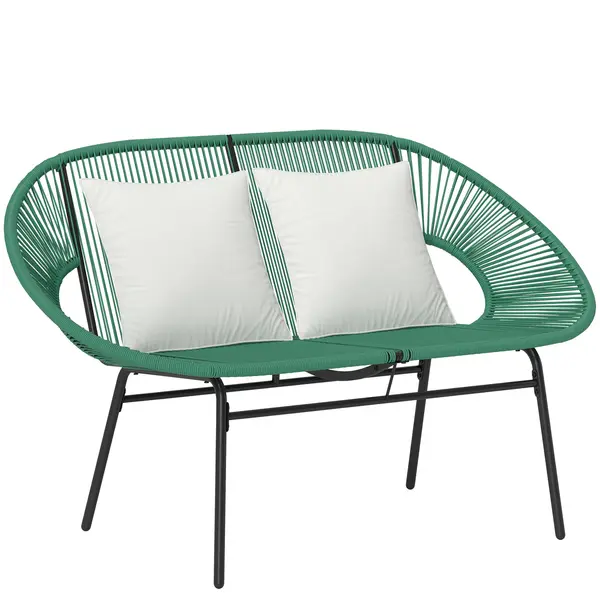 Outsunny Bancă de Grădină 2 Locuri din Răchită PE, Canapea de Exterior cu Perne, Cotiere și Cadru din Oțel, Bancă pentru Terasă și Curte, 132x72x83 cm, Verde Închis | Aosom Romania