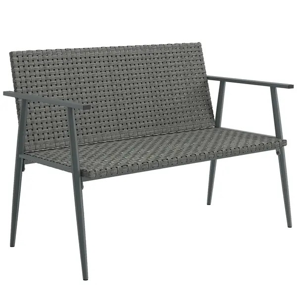 Outsunny Bancă de grădină 2 locuri din rășină împletită și oțel, cu cotiere, spătare și picioare reglabile, 110x58x78cm, gri | Aosom Romania