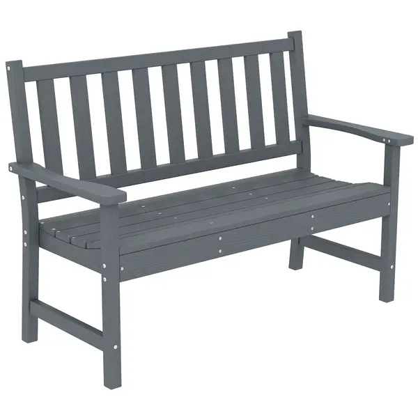 Outsunny Bancă de grădină 2 locuri rezistentă la intemperii din plastic Bancă exterior cu design cu lamele aspect lemn Spătar Gri | Aosom Romania
