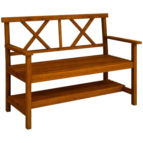 Outsunny Bancă din Lemn, Bancă cu 2 Locuri de Exterior cu Raft de Depozitare, Spătar, Cotiere și Scaun, 125x58x88 cm, Carbonizat | Aosom Romania