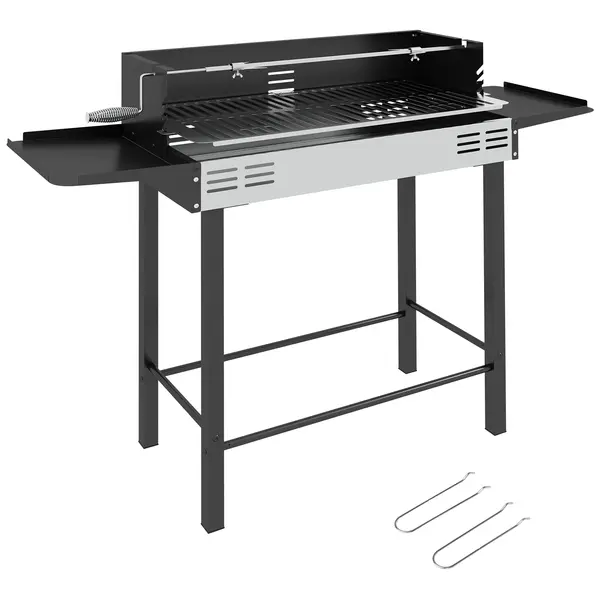 Outsunny BBQ Rotisserie Grill Charcoal Split Roaster for Chicken Turkey 3-Level Grill Grate, Storage Shelves, Stainless Steel | Aosom Romania