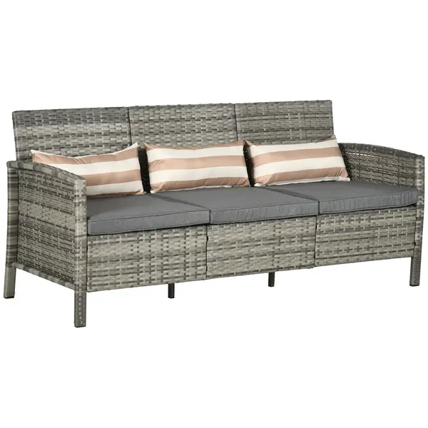 Outsunny Canapea pentru Exterior Gradina sau Terasa cu 3 locuri dim Ratan cu perne si dungi, Gri 173x68x78cm | Aosom Romania
