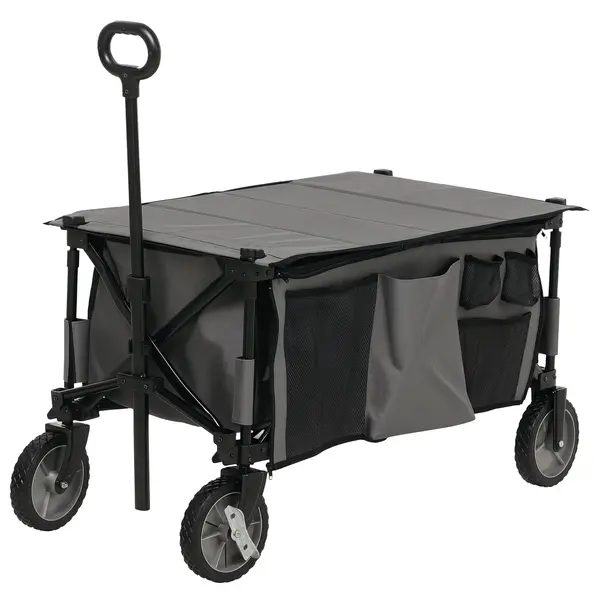 Outsunny Cărucior de grădină pliabil băscuță detașabilă mâner telescopic înclinare reglabilă 5 buzunare 108 x 55 x 93 cm gri închis | Aosom Romania