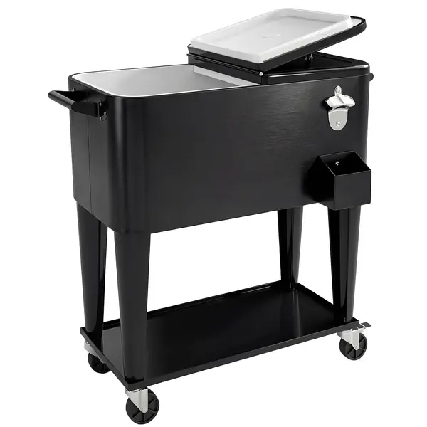 Outsunny Cărucior Frigider 76L cu raft, Deschizător de sticle și Colector de capace, din Plastic și Oțel, 91x39x84.5 cm, Negru | Aosom Romania