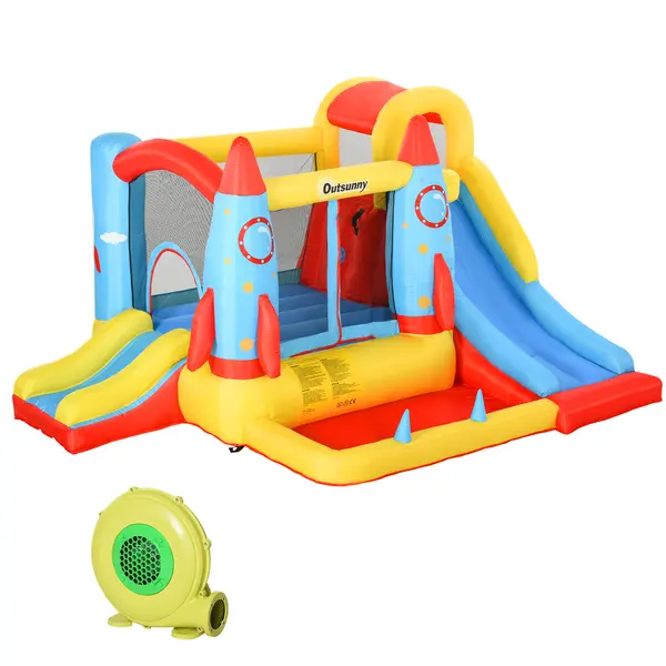 Outsunny Castel Gonflabil cu 2 Tobogane Trambulina și Piscina pentru Copii +3 Ani cu Inflator și Geantă de Transport pentru Interior Exterior 330x265x185 cm Multicolor | Aosom Romania