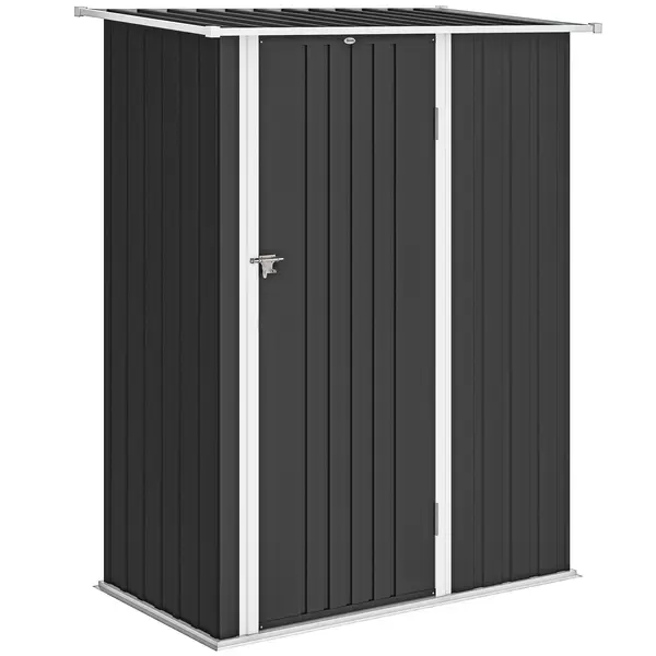 Outsunny Căsuță de Grădină 1.07m² din Oțel Zincat, Adăpost pentru Unelte cu Ușă Blocabilă, Acoperiș Înclinat, 142x86x189 cm, Gri Închis | Aosom Romania